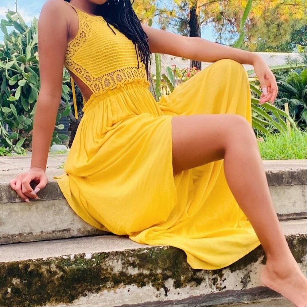 Sunshine Yellow Boho Crochet Summer Dress - Size M
